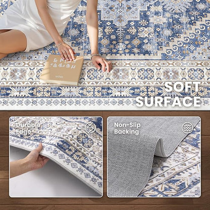 zesthome 9x12 Area Rugs,Stain Resistant Washable Rug,Ultra-Thin Rugs for Living Room,Bedroom,Non-Slip Backing Home Decor Large Area Rug (Blue/Beige,9'x12')