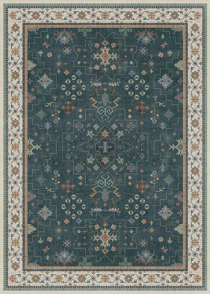 Hazo Haus Dark Green Oushak Living Room Rug 10x14 - Modern Vintage Boho Eclectic Floral Pastel, Washable Low Pile Non-Slip Extra Large Area Rugs for Dining Under Table Bedroom Lounge
