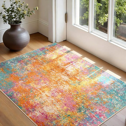 Washable Area Rugs 3'x5' Non-Slip Modern Abstract Soft for Living Room Entryway Bedroom Nursery, Print Pattern, Orange Blue Pink Yellow Colorful