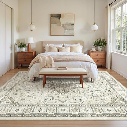 zesthome 5x7 Area Rugs, Machine Washable Rugs for Living Room, Bedroom,Stain Resistant Vintage Large Area Rug,Non-Slip Medallion Pattern Home Decor Rugs (Beige,5'x7')