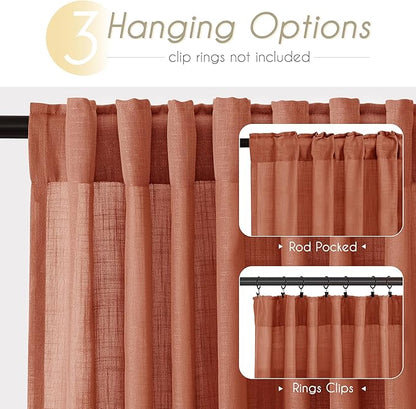 90 inch Linen Terracotta Curtains 2 Panels for Living Room Back Tab Light Filtering Semi Sheer Rust Colored Curtains 90 inches Long Soft Thick Cotton Cloth Textured Rustic Boho Farmhouse Room Decor