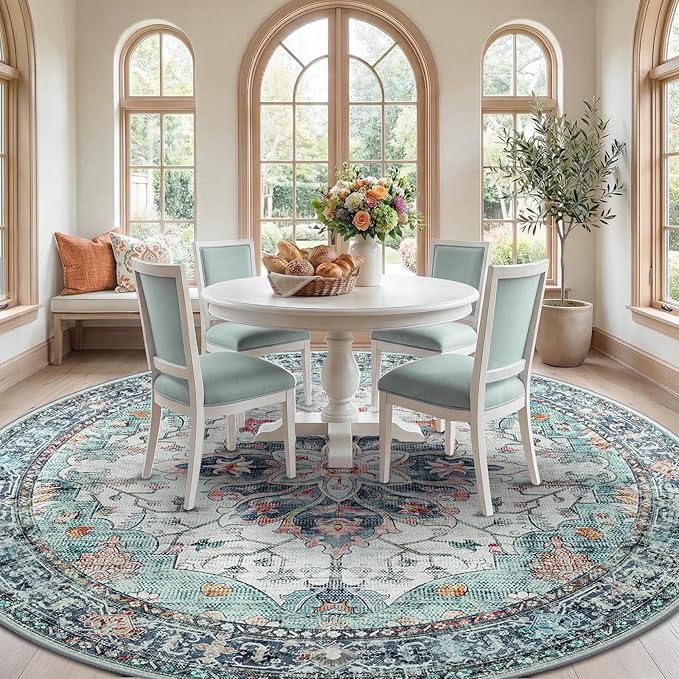 Area Rugs 8ft Washable Non-Slip, Floral Vintage Distress Print Pattern Medallion Carpet for Living Room Bedroom Dining Room, Green Navy Blue White Red Teal Colorful