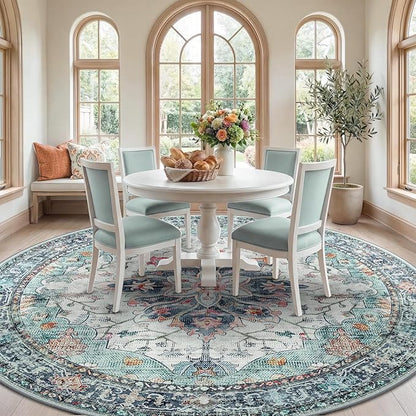 Area Rugs 8ft Washable Non-Slip, Floral Vintage Distress Print Pattern Medallion Carpet for Living Room Bedroom Dining Room, Green Navy Blue White Red Teal Colorful