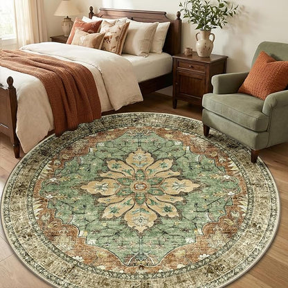 RELEANY Area Rugs 6ft Washable Non-Slip, Floral Vintage Distress Print Pattern Medallion Carpet for Living Room Bedroom Dining Room, Brick Red Rust Neutral Brown Burnt Orange