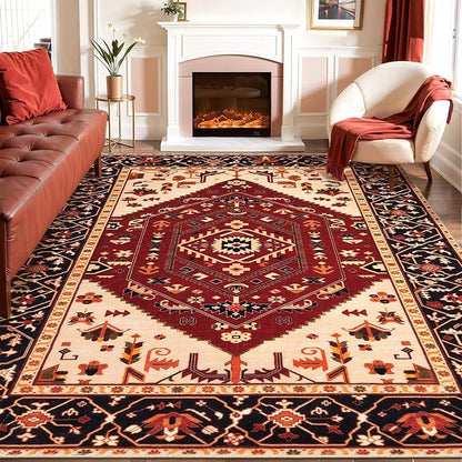 SERISSA Washable Rugs 8x10 Area Rugs, Large Non-Slip Boho Living Room Rug, Ultra Soft Oriental Vintage Red Black Print Distressed Carpet for Dining Room Bedroom Dorm Office Home Decor