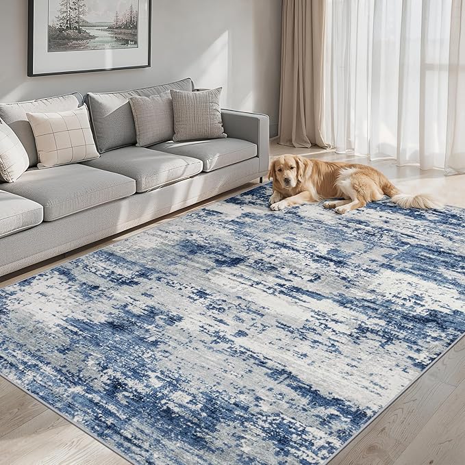 Area Rugs Living Room Rug - 5x7 Washable Modern Abstract Soft Neutral Non-Slip Carpet Large Indoor Floor Thin Carpets for Bedroom Dining Room Farmhouse Nursery Home Office Blue Gray