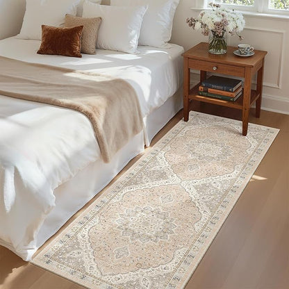 Madane Washable Runner Rug - 2x6 Rug Runners for Hallways 6 Feet Non Slip Vintage Kitchen Runner Rug Ultra-Thin Bathroom Runner Rugs Carpet Laundry Room Bedroom (2x6ft, Pink/Gray)