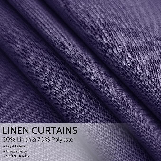 Purple Linen Curtains 90 Inch Long 2 Panels Set for Bedroom Living Room, Soft Linen Textured Window Drapes Semi Sheer Light Filtering Rod Pocket Back Tab Morden Style 52x90