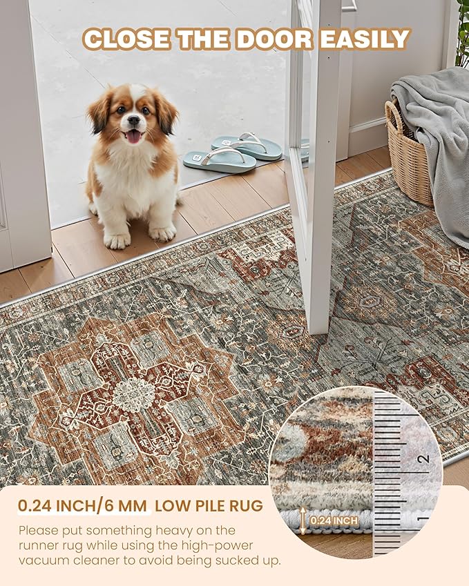 Hallway Runner Rug 2x12, Extra Long Washable Runner Rugs with Rubber Backing, Non Slip Runner, Vintage Rug Runners for Kitchen Laundry Room Entryway (Grey/Brown/Tan,2'x12')