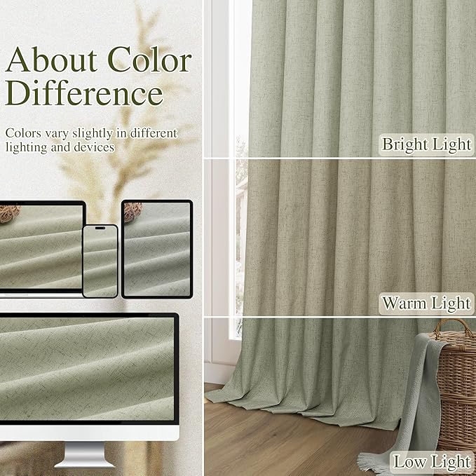 Guken Sage Green 100% Blackout Curtains 105 Inch Length 2 Panels Set for Living Room Bedroom Back Tab Thermal Insulated Black Out Linen Drapes Room Darkening Window Curtains