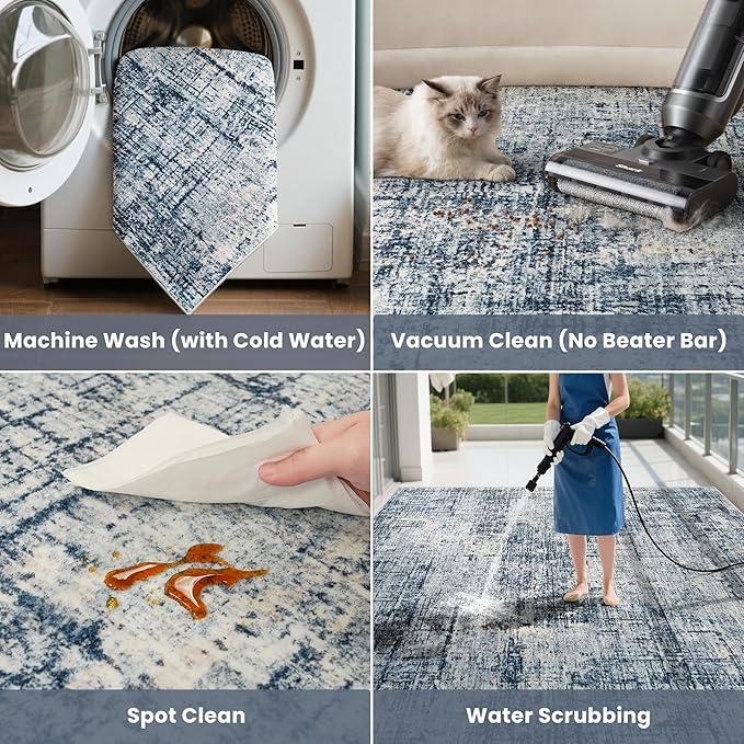 6x9 Area Rugs for Living Room Washable Rug: Anti-Skid Abstract Modern Living Room Rug Soft Thin Carpets Indoor Floor Non-Shedding Carpet for Bedroom Dining Farmhouse Nursery Home Office Blue Gold