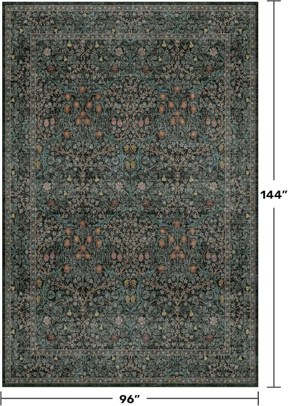 8x12 Area Rug for Living Room - Large Washable Rugs for Bedroom, Dining Room Under Table, Ultra Soft Low Pile Non-Slip Stain Resistant Carpet - Dark Green Vintage Floral Décor