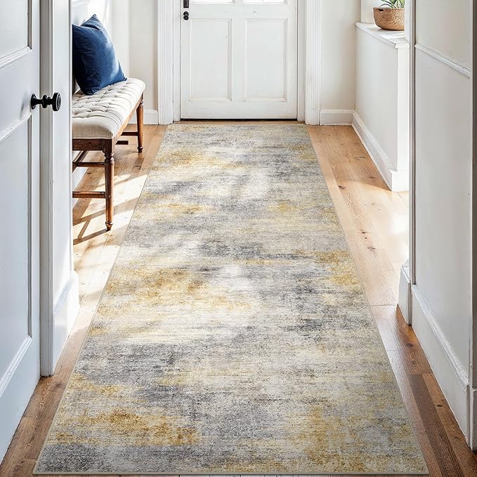 2'6''x8' Washable Kitchen Runner Rug: Modern Abstract Runners for Hallway Soft Non Slip Rugs with Rubber Backing Low Pile Thin Floor Carpet for Entryway Bedroom Bathroom Indoor(Grey/Yellow,2'6''x8')