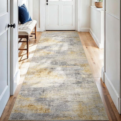 2'6''x8' Washable Kitchen Runner Rug: Modern Abstract Runners for Hallway Soft Non Slip Rugs with Rubber Backing Low Pile Thin Floor Carpet for Entryway Bedroom Bathroom Indoor(Grey/Yellow,2'6''x8')