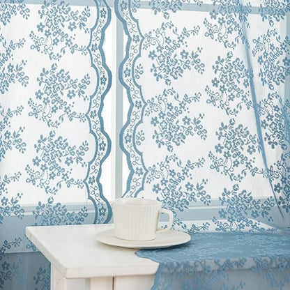 YJ YANJUN Vintage Lace Curtains 63 Inch Length-Victorian Floral Pattern Stone Blue Sheer Curtains for Boys Bedroom Privacy Summer Beach Themed Ocean Coastal Room Decor 2 Panles W52 X L63 Dusty Blue