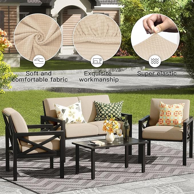 8Pcs Outdoor Cushion Covers, Patio Cushion Covers,Stretch Elastic Slipcovers, Replacement Washable & Reusable Furniture Protector for Patio Couch,Thick Jacquard Fabric(Beige, Cover Only)