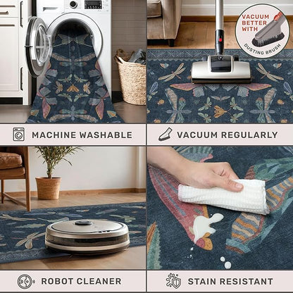 Washable 3x5 Indoor Rugs for Entryway, Non Slip Vintage Area Rug for Kitchen Floor, Laundry Room, Blue Bedroom Carpet with Insect Pattern, Dark Boho Décor Indoor, Stain Resistant Mat