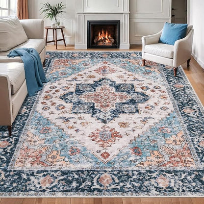 SERISSA Boho 8x10 Area Rugs, Washable Vintage Large Living Room Rug Non-Slip, Ultra Soft Oriental Print Distressed Tribal Farmhouse Blue Orange Carpet for Dining Room Bedroom Dorm Office Home Decor