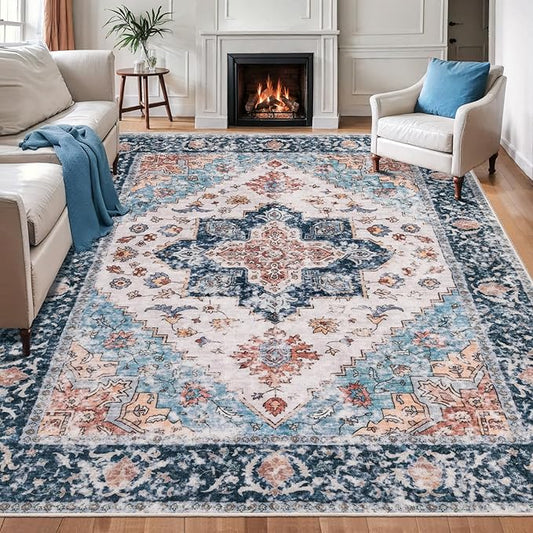 SERISSA Boho 8x10 Area Rugs, Washable Vintage Large Living Room Rug Non-Slip, Ultra Soft Oriental Print Distressed Tribal Farmhouse Blue Orange Carpet for Dining Room Bedroom Dorm Office Home Decor