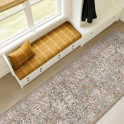 Moss Green 2'6" x 8' Runners for Hallways Non Slip, Extra Long Floor Runner for Kitchen, Entryway Indoor, Washable Rubber Backing Stain Resistant - Vintage Taupe Brown Floral Décor