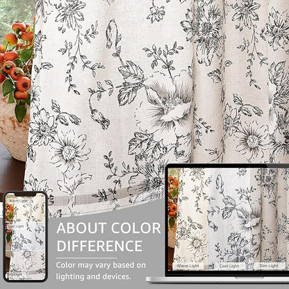 jinchan Linen Blend Curtain Floral Curtains for Living Room 102 Inch Length Black Printed Curtain Rod Pocket Back Tab Farmhouse Peony Flower Patterned Drapes Bedroom Window Curtains Set 2 Panels