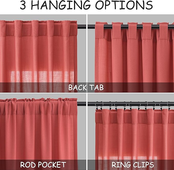 Nanspring Watermelon Red Linen Curtains 84 Inch Length 2 Panels Set, Back Tab Rod Pocket Light Filtering Privacy Semi Sheer Textured Curtains Neutral Farmhouse Decor Curtain for Living Room Bedroom