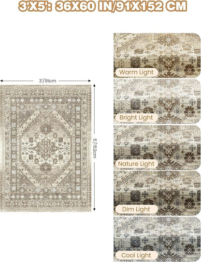 3x5 Washable Area Rug for Entryway, Kitchen Rugs Non Slip for Dining Room, Vintage Floral Soft Living Room Rug, Thin Area Rug Indoor for Bedroom, Kids Room Decor(Brown,3'x5')