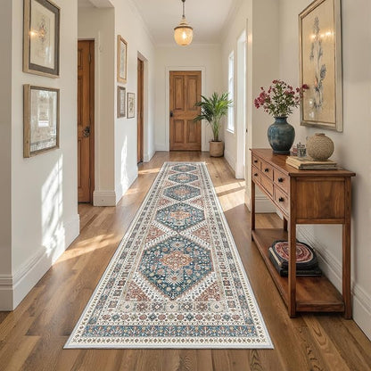 Carpet Runners for Hallway 12ft, Non-Slip Long Bathroom Rugs Runner for Kitchen, Living Room, Soft Vintage Washable Rug for Entryway, Thin Floor Mat for Dining Room(Blue/Red,2.5'x12')