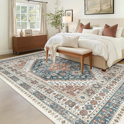 Madane 5x7 Area Rugs for Living Room, Stain Resistant Washable Rugs, Non-Slip Backing Area Rug, Vintage Home Decor Rug for Bedroom (Navy Blue, 5'x7')