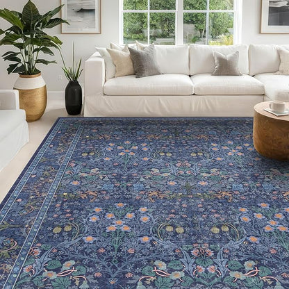 Washable Dining Room Rugs for Under Table - 7x9 Dark Blue Oriental Area Rug for Living Room, Low Pile Non-Slip Floor Carpet for Bedroom Under Bed - Vintage Design & Stain Resistance (7x9 Dark Blue)