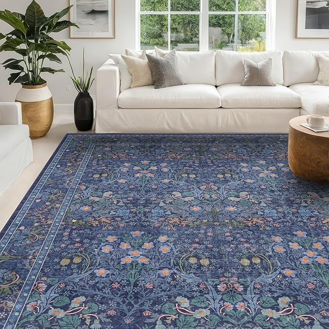 Hazo Haus Vintage Dark Blue Living Room Rug, 7x10 Washable Large Area Rugs for Bedroom, Dining Room Rugs Under Kitchen Table, Oriental Navy Blue Low Pile Stain Resistant Non-Slip