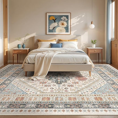 Washable Rugs 8x10 Area Rugs for Living Room, Non-Slip Backing Large Rug for Nursery Room, Vintage Floral Bedroom Rugs, Thin Indoor Home Decor Soft Farmhouse Rug (Blue/Red/Multi,8'x10')