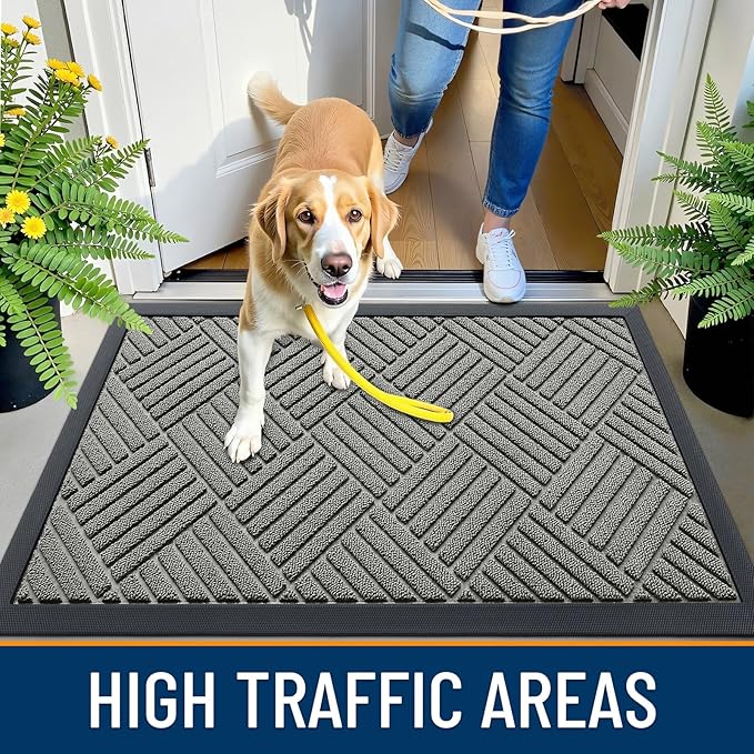 OLANLY Front Door Mat Outside Entrance 33x21, Absorbent, Heavy Duty Sturdy Natural Rubber Doormat Indoor Outdoor, Stain Fade Resistant, Non-Slip Low Profile Floor Mat for Entryway, Modern Gray Diamond