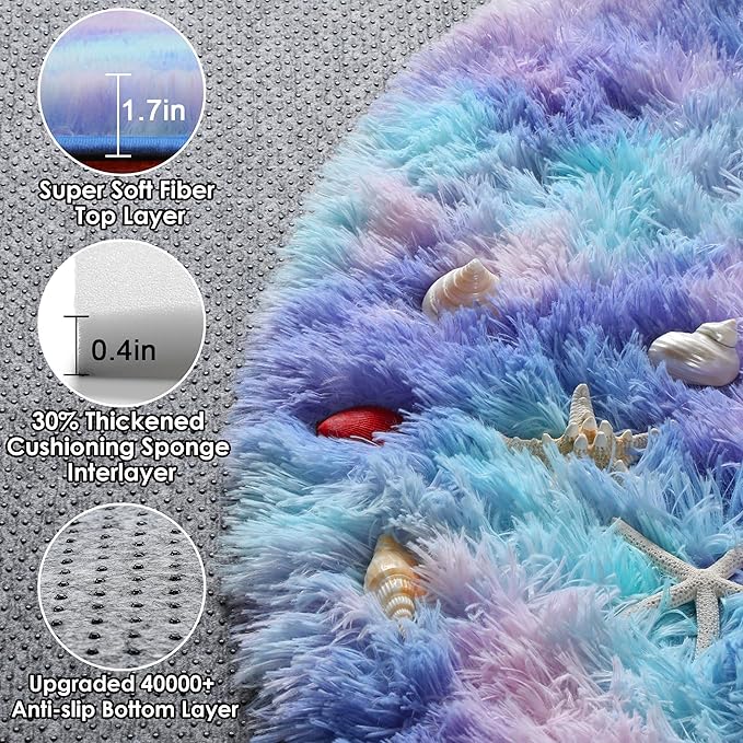 ONASAR Rainbow Round Area Rugs 5ft, Soft Bedroom Circle Rug Mats for Kids Girls Teen Room, Mermaid Fluffy Plush Shaggy Carpet for Baby Nursery Living Room Playroom Home Decor Princess Castle