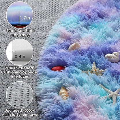 ONASAR Rainbow Round Area Rugs 5ft, Soft Bedroom Circle Rug Mats for Kids Girls Teen Room, Mermaid Fluffy Plush Shaggy Carpet for Baby Nursery Living Room Playroom Home Decor Princess Castle