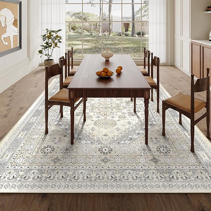 zesthome 5x8 Area Rugs - Ultra-Thin Washble Rug, Stain Resistant Anti Slip Backing Rugs for Living Room,Bedroom, Vintage Home Decor Area Rug (Beige,5'x8')