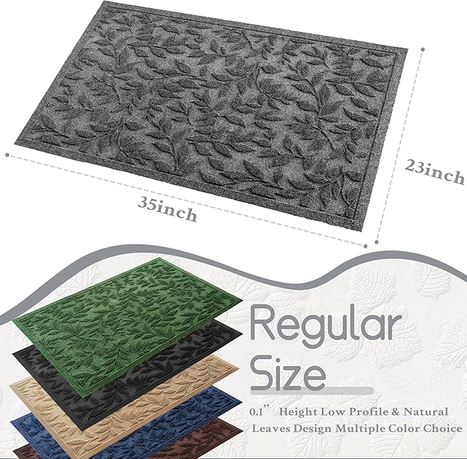 Grey Leaves Outdoor Indoor Entrance Doormats, Absorbent Durable Heavy Duty Welcome Front Door Mat,Thick Natural Rubber Back,Easy Clean Entryway Mat 23x35 Inch, Low Profile