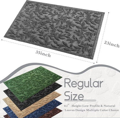 Grey Leaves Outdoor Indoor Entrance Doormats, Absorbent Durable Heavy Duty Welcome Front Door Mat,Thick Natural Rubber Back,Easy Clean Entryway Mat 23x35 Inch, Low Profile