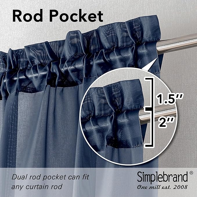 Simplebrand Navy Blue Sheer Curtains 90 Inches Long 2 Panels, Light Filtering Rod Pocket Solid Color Window Sheer Curtain Panels, Elegant Curtains & Drapes for Living Room, Bedroom, 42" W x 90" L