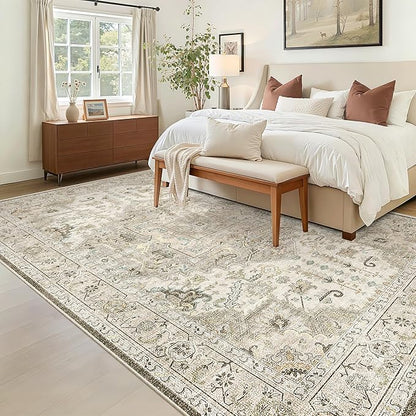 Madane 6x9 Area Rugs for Living Room, Stain Resistant Washable Rugs, Non-Slip Backing Area Rug, Vintage Home Decor Rug for Bedroom (Ivory/Brown, 6'x9')