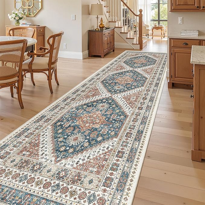 Madane Hallway Rug 3x10, Kitchen Rugs Washable Entryway Rug Vintage Kitchen Runners Non Slip Indoor Area Rug Farmhouse Carpet Runner for Bathroom Living Room Bedroom, Navy Blue