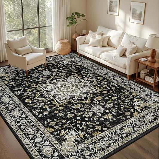 3x5 Area Rugs Living Room Rug: Washable Vintage Boho Medallion Rug No Slip Stain Resistant Soft Carpet Indoor Large Carpets for Bedroom Dining Room Farmhouse Nursery Hallway Home Office Black Gold