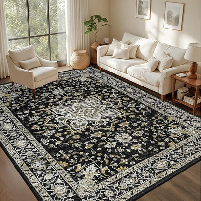 6x9 Area Rugs Living Room Rug: Washable Vintage Boho Medallion Rug No Slip Stain Resistant Soft Carpet Indoor Large Carpets for Bedroom Dining Room Farmhouse Nursery Hallway Home Office Black Gold