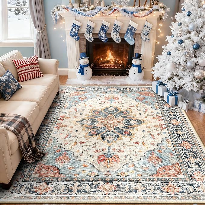 Area Rugs 7'x9' Washable Non-Slip, Floral Vintage Distress Print Pattern Medallion Carpet for Living Room Bedroom Dining Room, Beige Navy Blue Orange Colorful