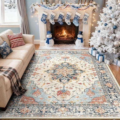 Area Rugs 7'x9' Washable Non-Slip, Floral Vintage Distress Print Pattern Medallion Carpet for Living Room Bedroom Dining Room, Beige Navy Blue Orange Colorful