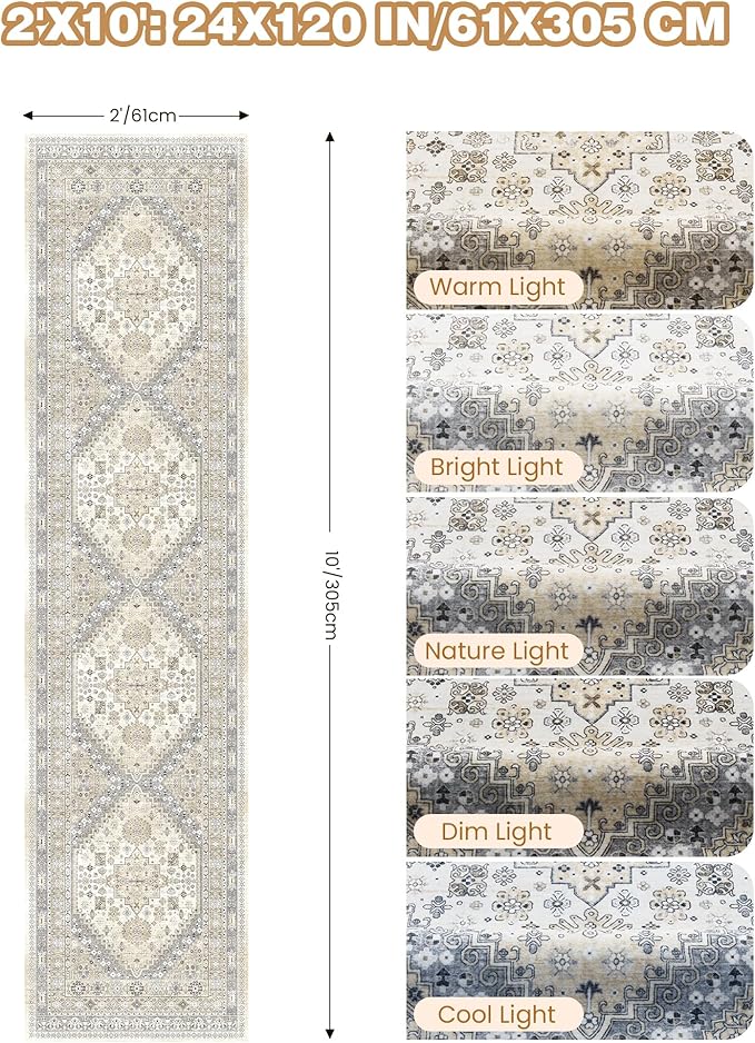 Runner Rug 2x10, Ultra-Thin Kitchen Rugs Non Slip Washable Rugs for Entryway Rug, Kitchen Runner Low Pile Vintage Soft Carpets for Living Room, Bathroom Bedroom (Beige,2'x10')