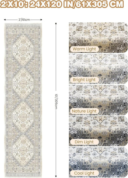 Runner Rug 2x10, Ultra-Thin Kitchen Rugs Non Slip Washable Rugs for Entryway Rug, Kitchen Runner Low Pile Vintage Soft Carpets for Living Room, Bathroom Bedroom (Beige,2'x10')