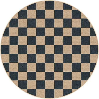 Lahome Colette Checkered Round Rugs 6ft, Outdoor Patio Easy Jute Rug Indoor Outdoor Circle Carpet, Farmhouse Nature Non Shedding Non Slip Washable Black Carpet for Living Room Entry Deck