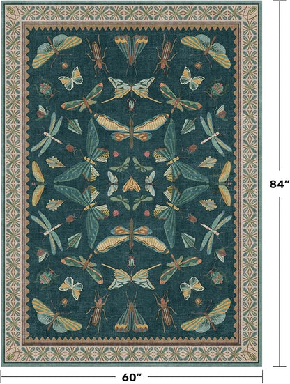 Hazo Haus Insect Teal Green 5x7 Area Rug for Living Room - Cottage Core Rug for Bedroom, Dining Room, Kids Playroom, Home Office, Floral Vintage Whimsical Butterfly Washable Non Slip Floor Décor
