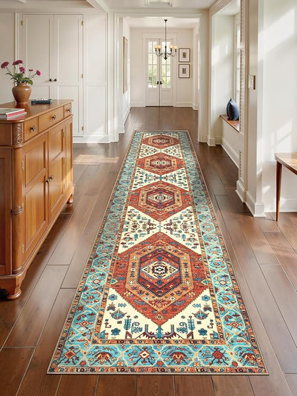 SERISSA Runner Rug for Hallways, 2'6"x12' Washable Non Slip Kitchen Runner Rug, Extra Long Boho Rug Ultra Soft Vintage Orange Print Floor Carpet for Bedroom Hallway Entryway Bathroom Laundry Room